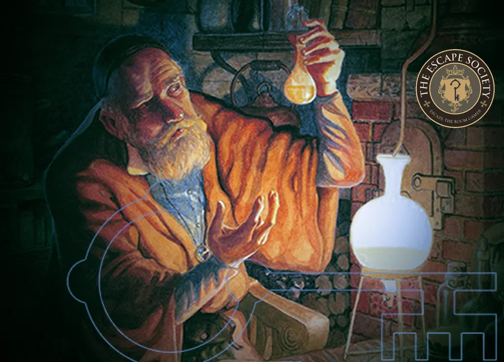 Nicolas Flamel durante un esperimento con l’elisir di lunga vita